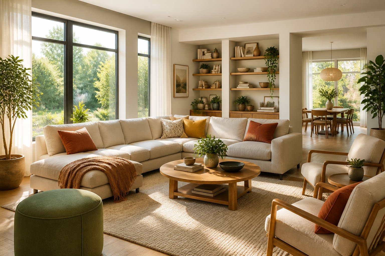A living room with comfy furniture, big windows with sunlight, and plants outside.