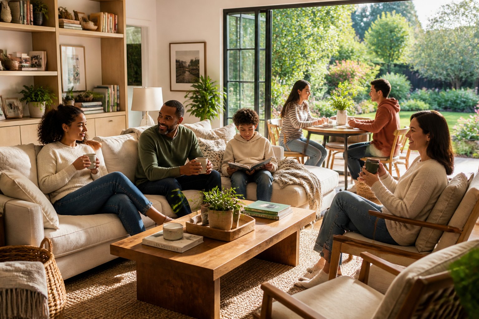 A bright living room with people enjoying relaxed activities together, surrounded by comfortable furniture and plants.