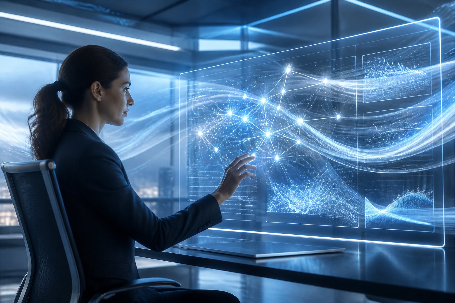 Ein moderner Arbeitsplatz mit holografischen Daten und abstrakten digitalen Wellen, die k&uuml;nstliche Intelligenz darstellen.