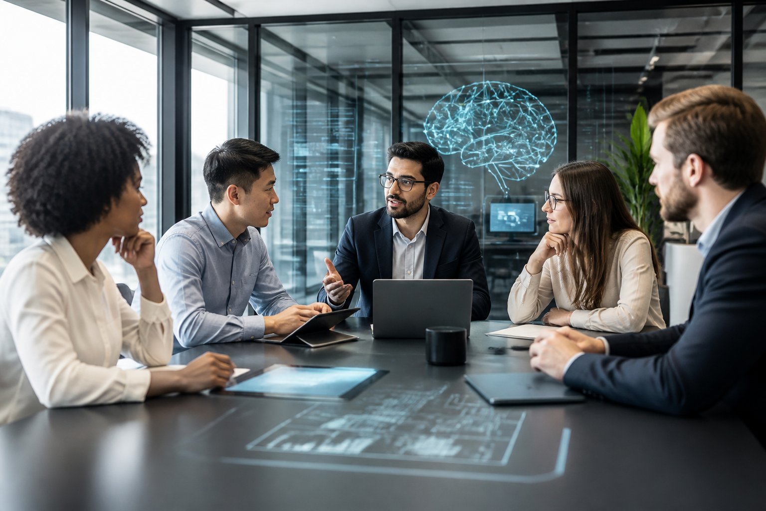 Ein Team von Gr&uuml;nderinnen und Gr&uuml;ndern arbeitet gemeinsam an einem Konferenztisch in einem modernen B&uuml;ro mit gro&szlig;en Fenstern.