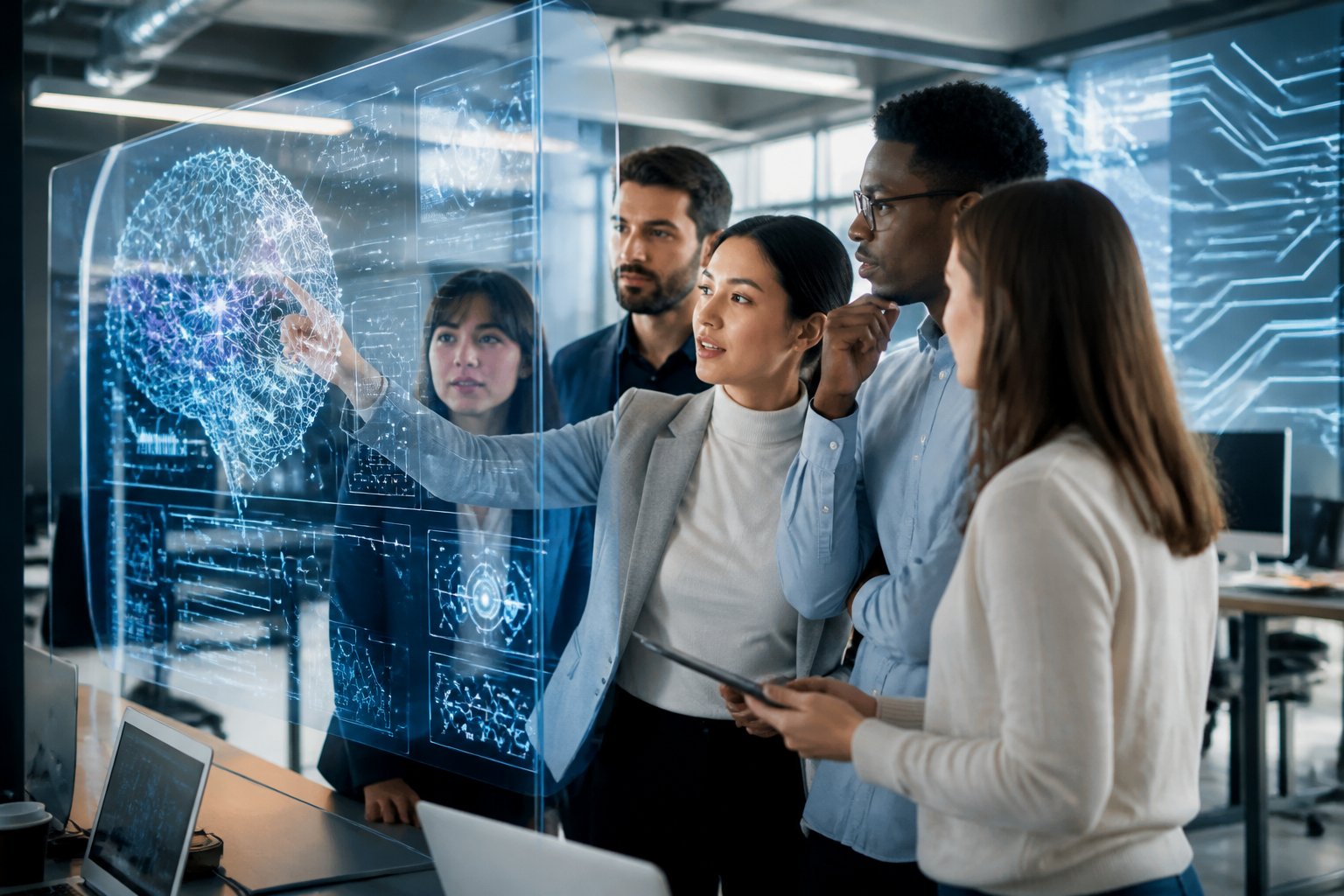 Menschen arbeiten gemeinsam in einem modernen B&uuml;ro an digitalen Bildschirmen mit Darstellungen von KI-Modellen und Daten.