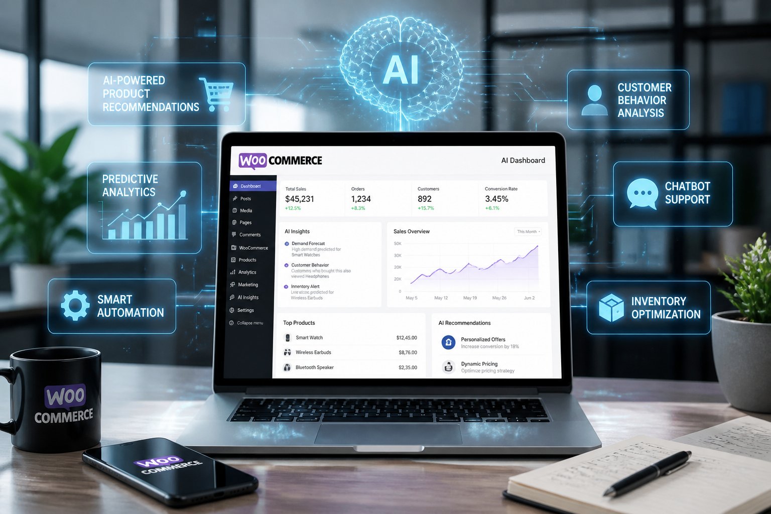 Ein moderner Arbeitsplatz mit einem Laptop, der ein WooCommerce-Dashboard zeigt, umgeben von digitalen Symbolen für künstliche Intelligenz und Datenanalyse.