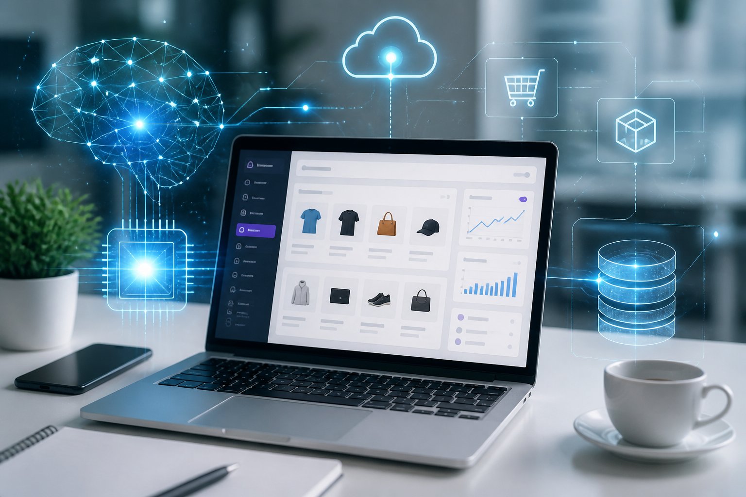 Ein moderner Arbeitsplatz mit einem Laptop, der ein WooCommerce-Dashboard zeigt, umgeben von digitalen Darstellungen von künstlicher Intelligenz und Datenverbindungen.