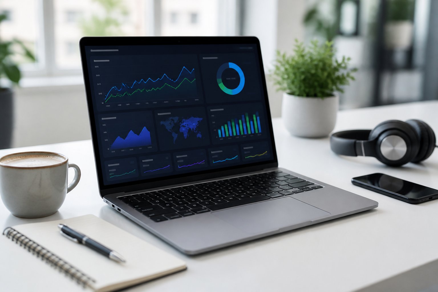 Ein moderner Arbeitsplatz mit einem Laptop, der eine Webanalyse-Dashboard zeigt, umgeben von B&uuml;romaterialien und einer Pflanze.