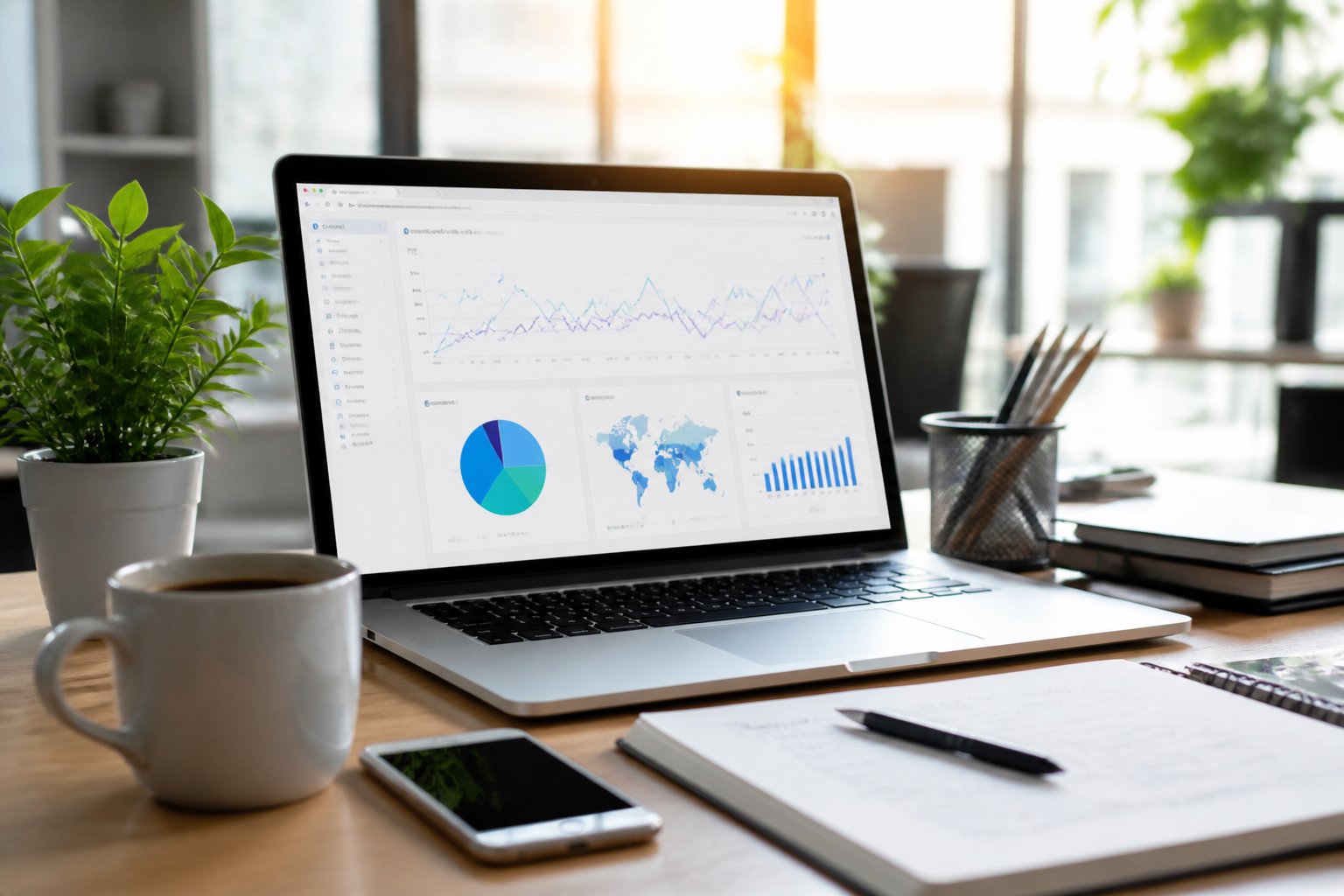 Ein moderner Arbeitsplatz mit einem Laptop, der digitale Analyse-Dashboards zeigt, umgeben von B&uuml;romaterialien und Pflanzen in einem hellen B&uuml;ro.