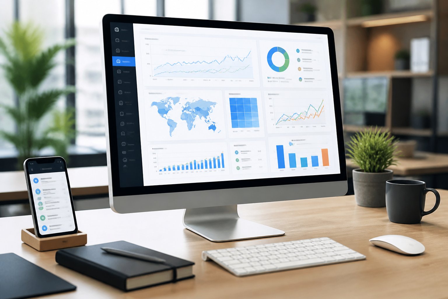 Ein moderner Arbeitsplatz mit einem Computerbildschirm, der ein Dashboard mit Diagrammen und Daten zur Website-Analyse zeigt.