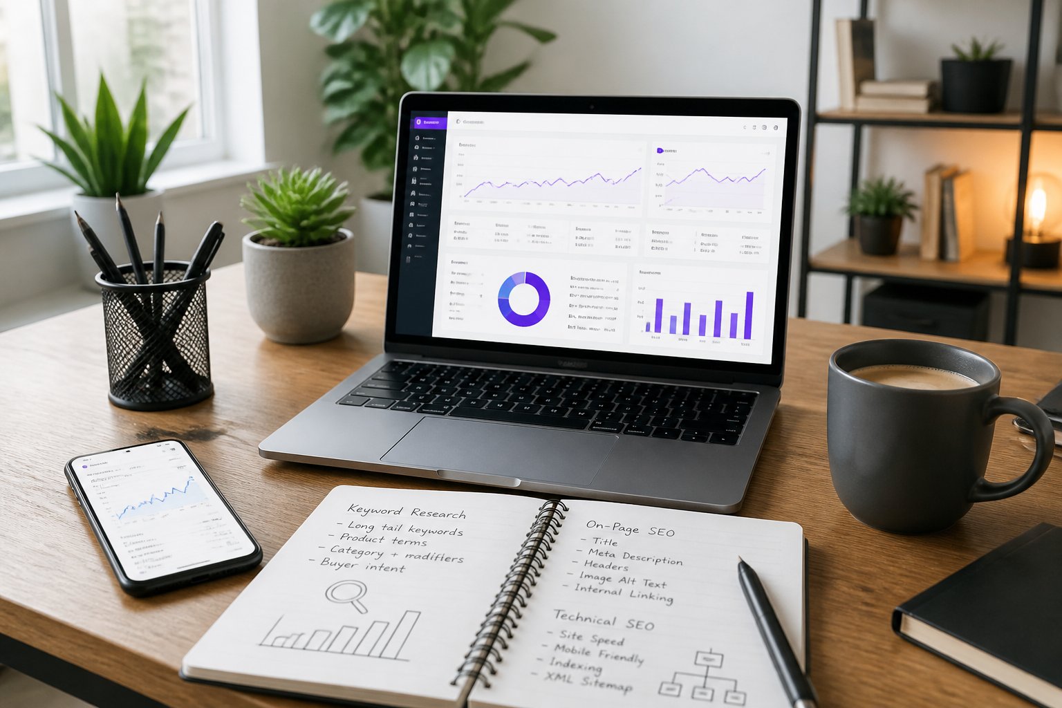 Ein moderner Arbeitsplatz mit einem Laptop, der WooCommerce SEO-Daten zeigt, umgeben von Notizbuch, Smartphone und Kaffeetasse in einem hellen Büro.