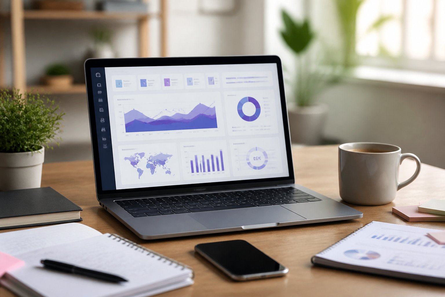 Ein moderner Arbeitsplatz mit Laptop, Smartphone und Notizen auf einem Schreibtisch, der eine SEO-Analyse für einen Online-Shop zeigt.