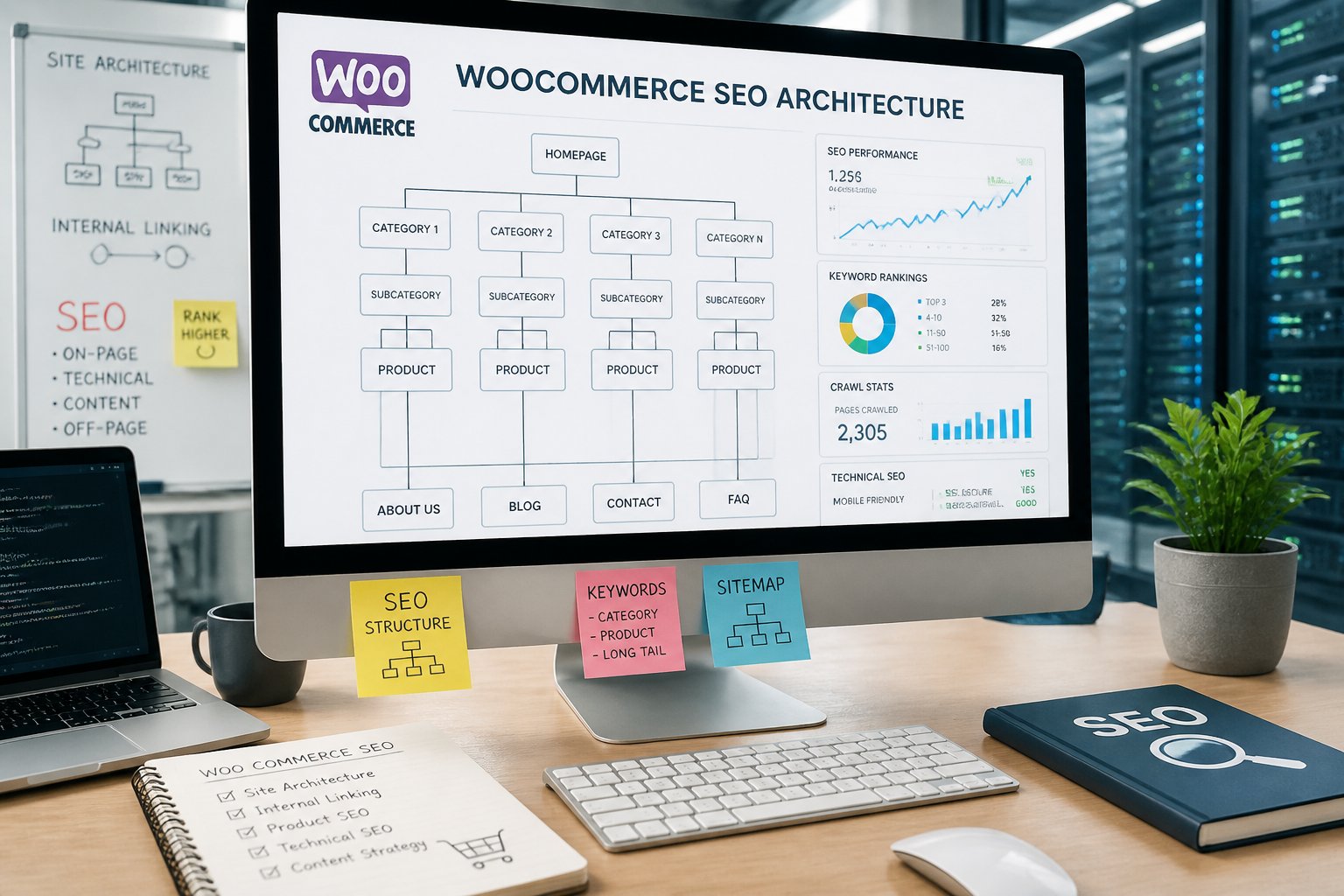 Ein moderner Arbeitsplatz mit einem Computerbildschirm, der ein Website-Architekturdiagramm und SEO-Analysen zeigt.