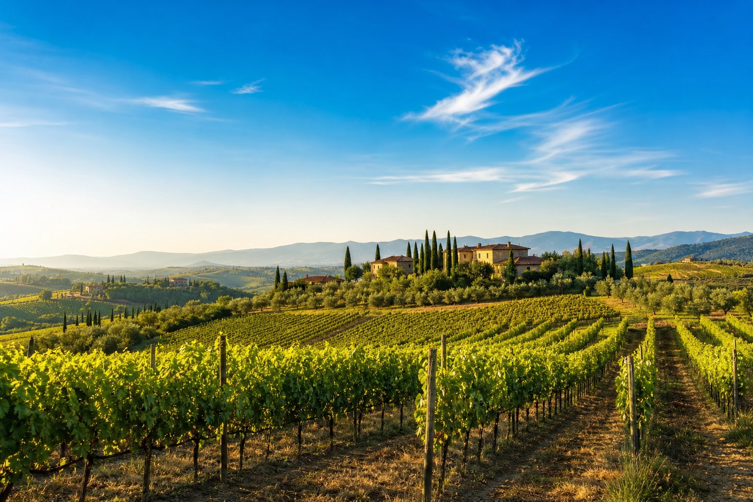 Weinberge mit grünen Reben unter klarem blauem Himmel, umgeben von sanften Hügeln und ländlichen Gebäuden.