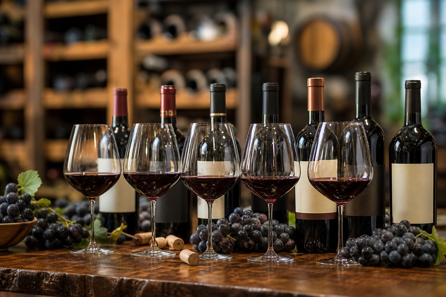 Mehrere Gläser mit rotem Wein, Weinflaschen und Trauben auf einem Holztisch in einem Weinkeller.