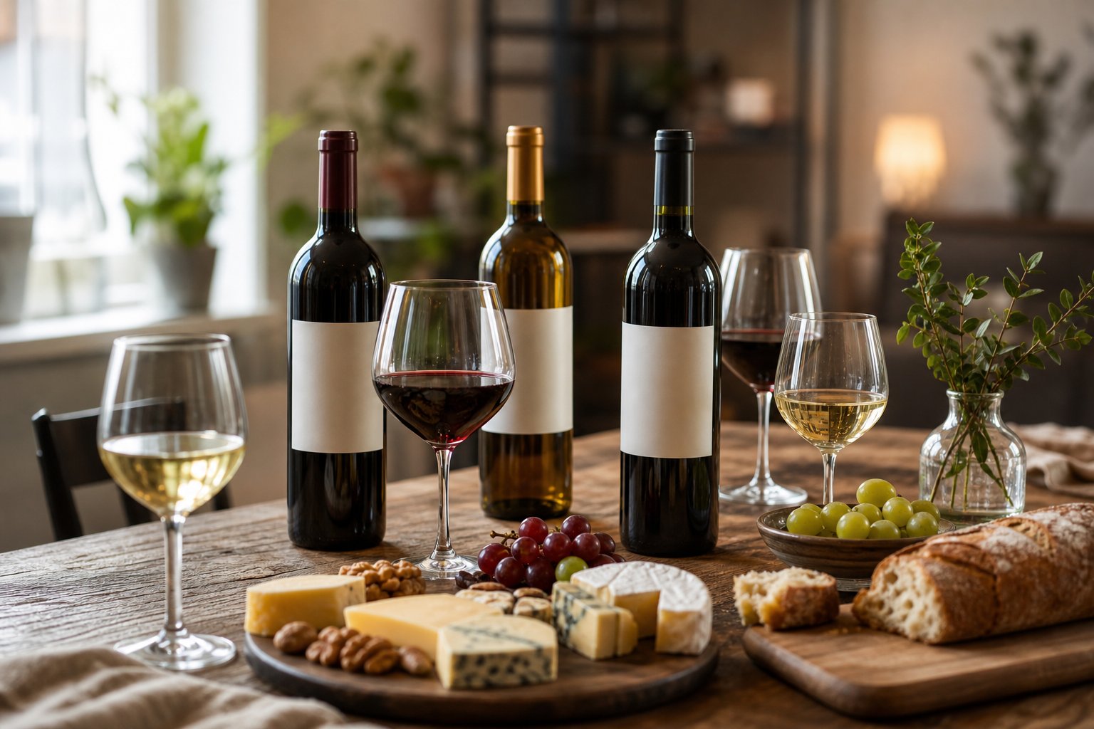 Ein gedeckter Holztisch mit Gläsern und Flaschen Wein, Käse, Trauben und Brot in einem einladenden Raum mit natürlichem Licht.