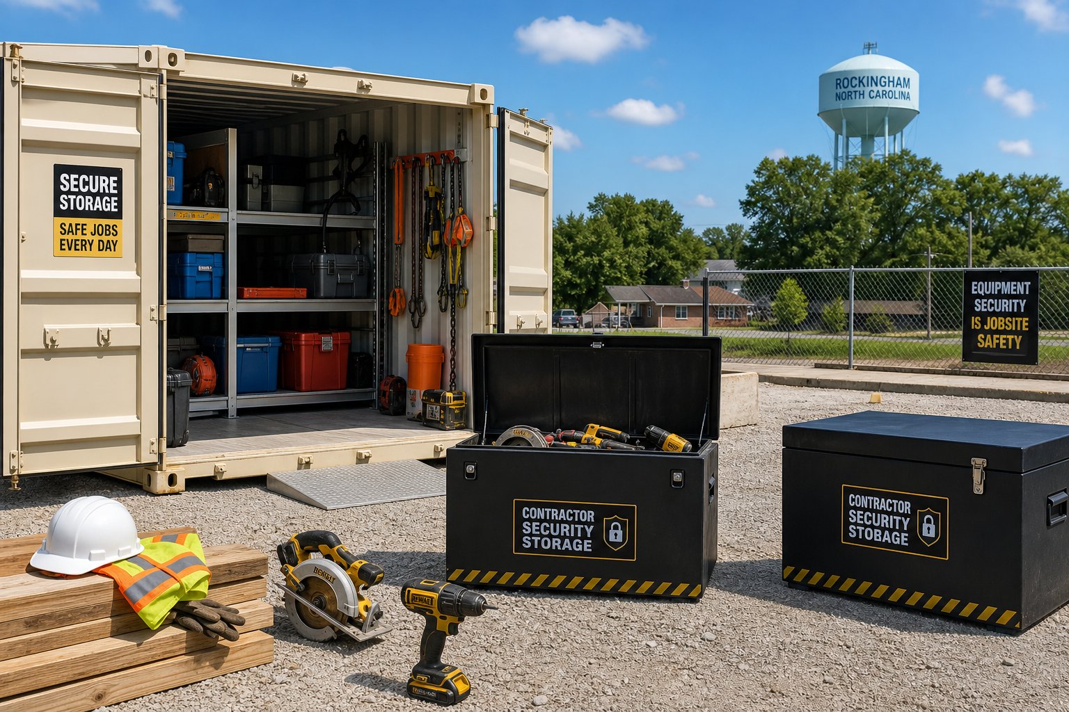 Outdoor storage area with locked metal containers and contractor tools neatly organized on a construction site.