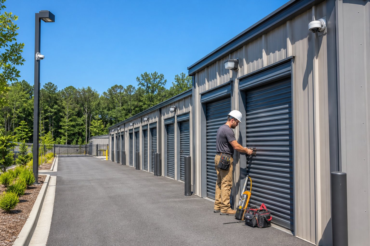 A contractor locking a storage unit at a secure outdoor storage facility with numbered metal doors and security cameras in Rockingham, North Carolina.