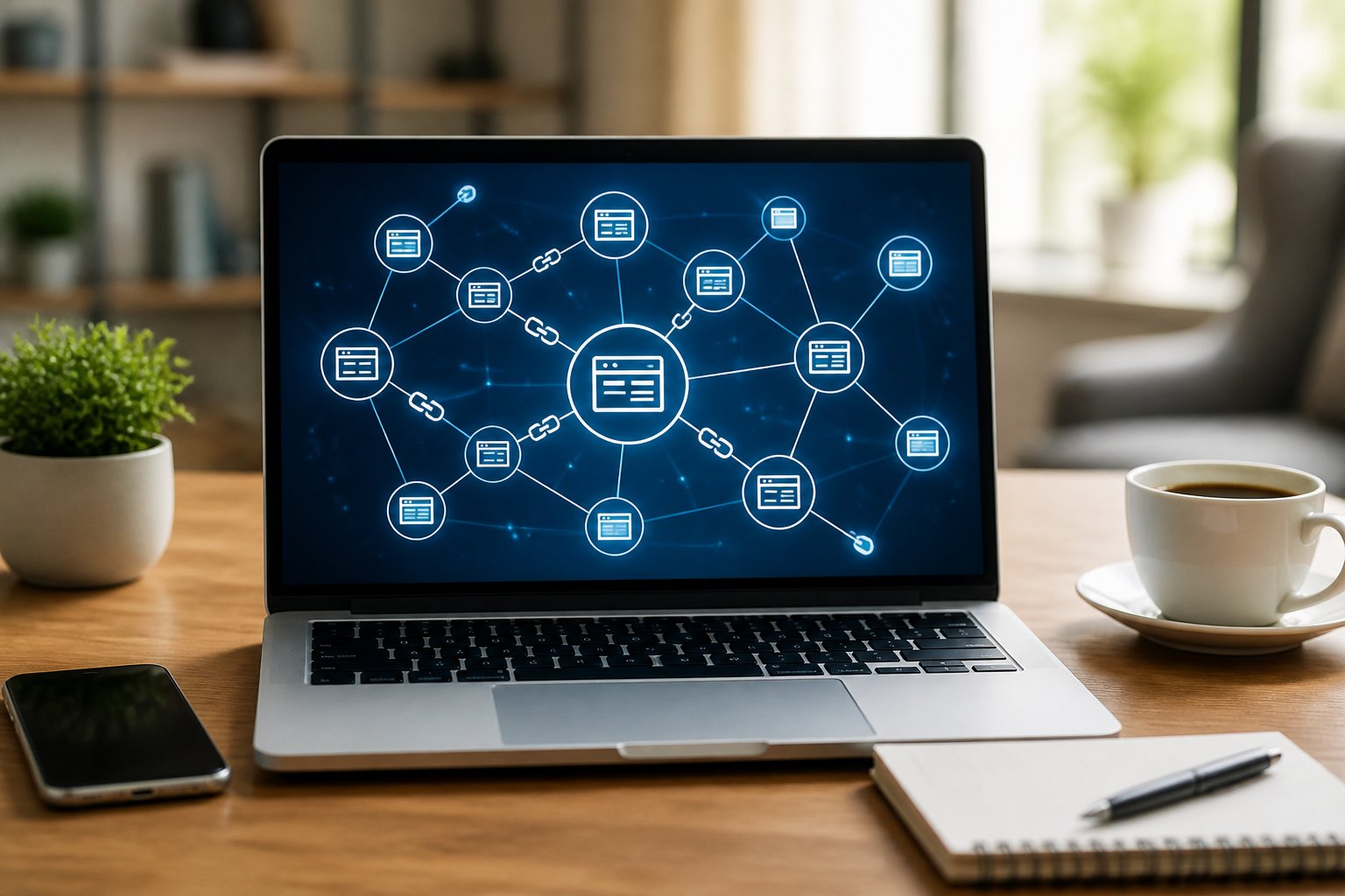 Ein moderner Arbeitsplatz mit einem Laptop, der ein Netzwerkdiagramm mit verbundenen Knoten zeigt, um das Konzept von Backlinks darzustellen.