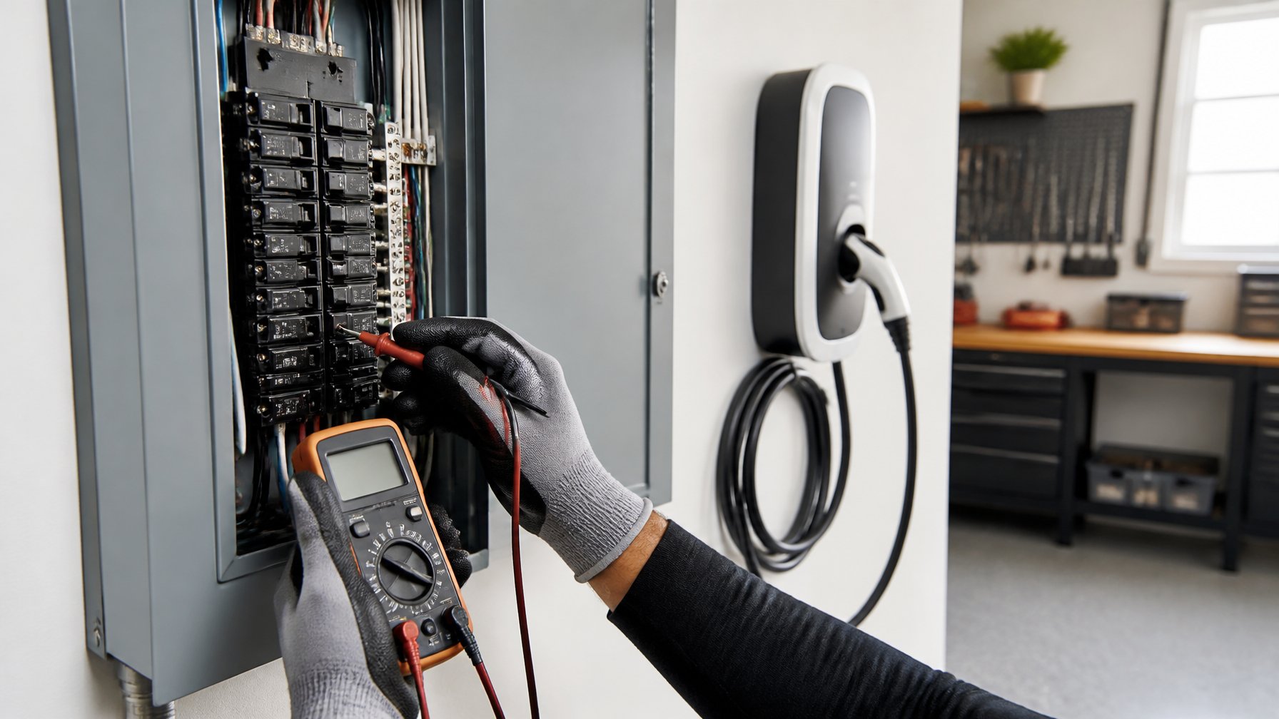 Technician inspecting a residential electrical panel with a digital multimeter next to a home electric vehicle charger in a garage.
