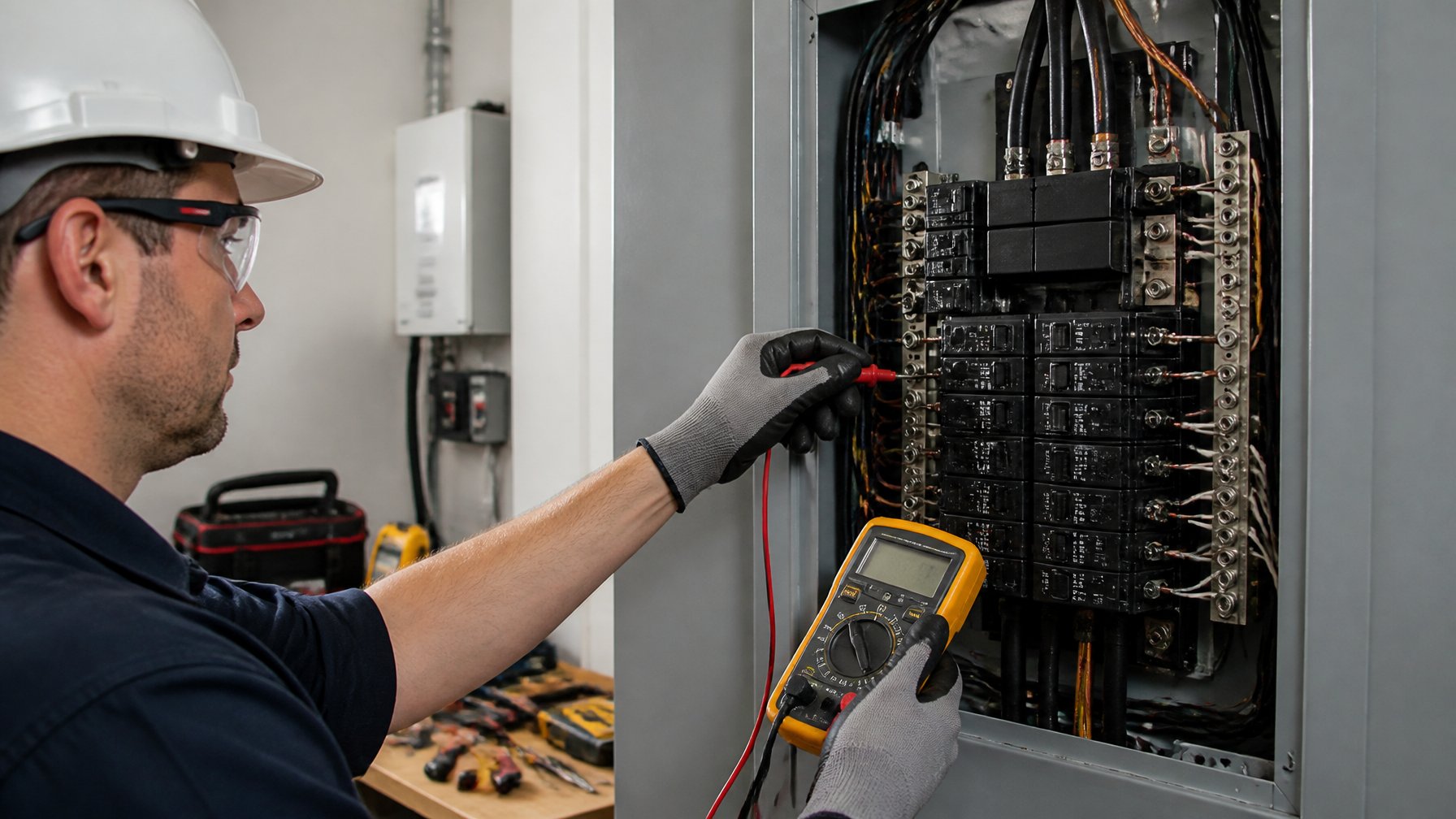 Electrician inspecting an open electrical panel with circuit breakers inside a residential utility room.