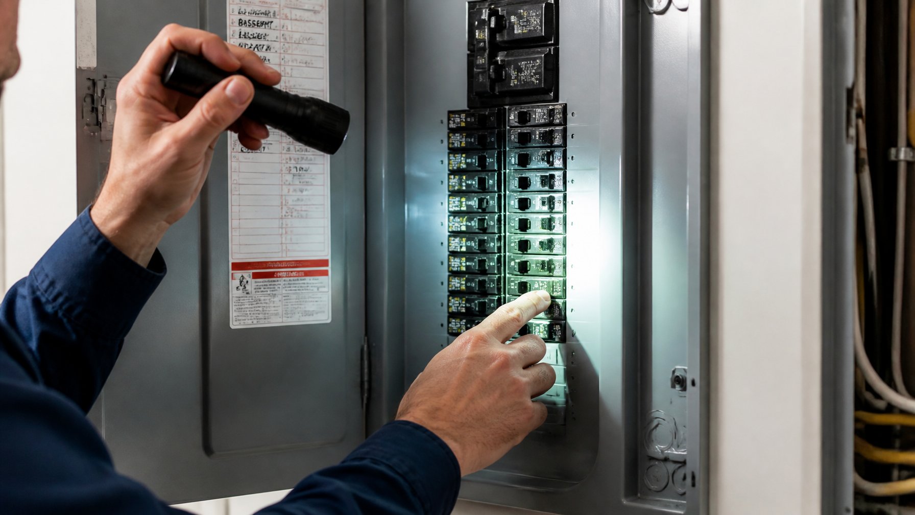 Person inspecting an open residential electrical panel with circuit breakers inside a home.