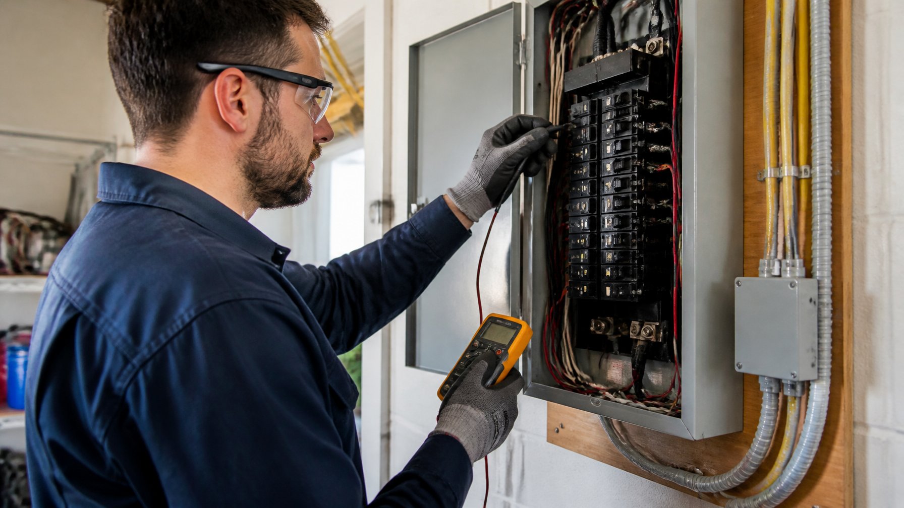 Electrician inspecting an open electrical panel with tools in a home utility room.