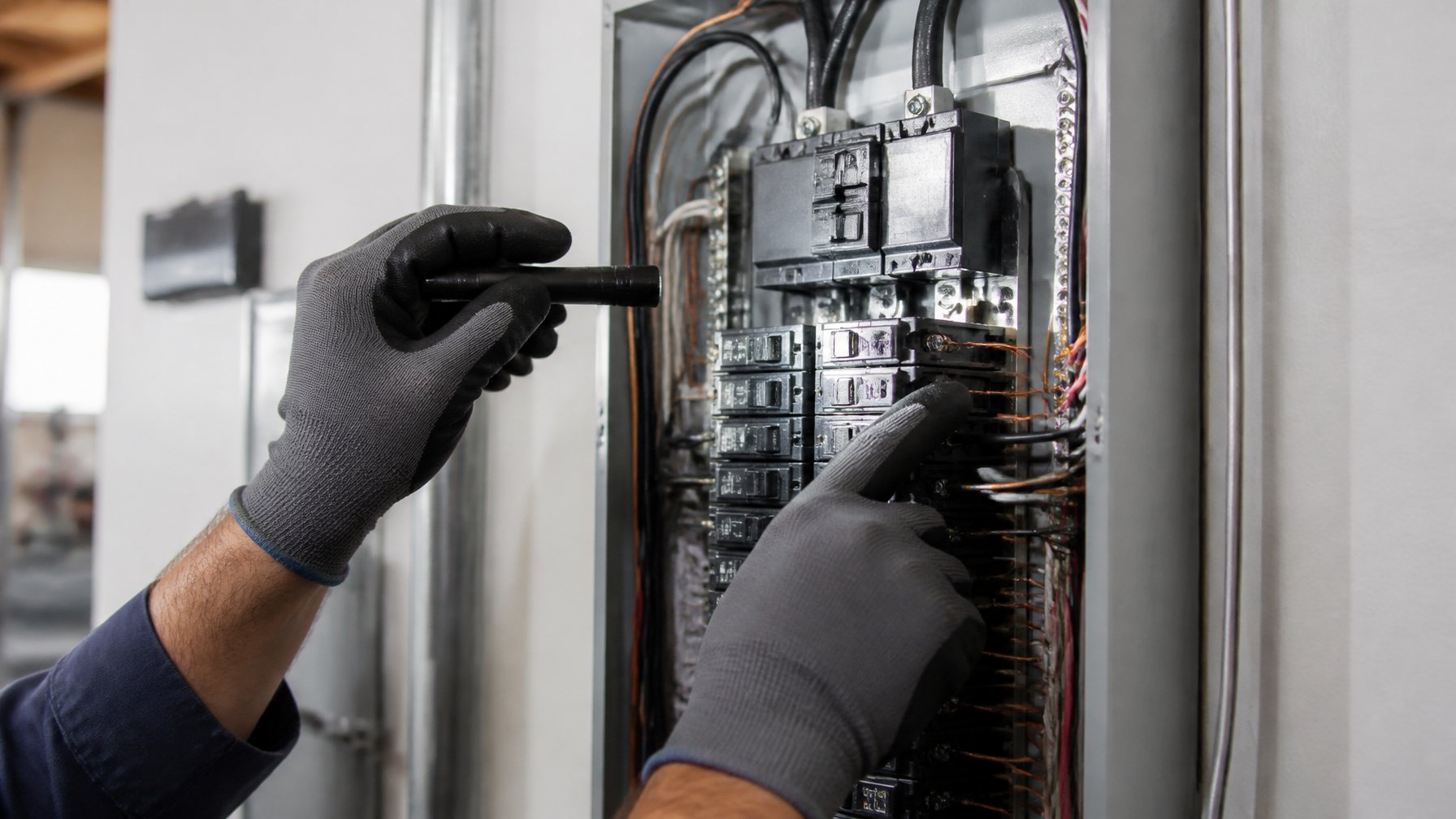 Close-up of hands inspecting an open residential electrical panel with circuit breakers and wiring inside a utility room.