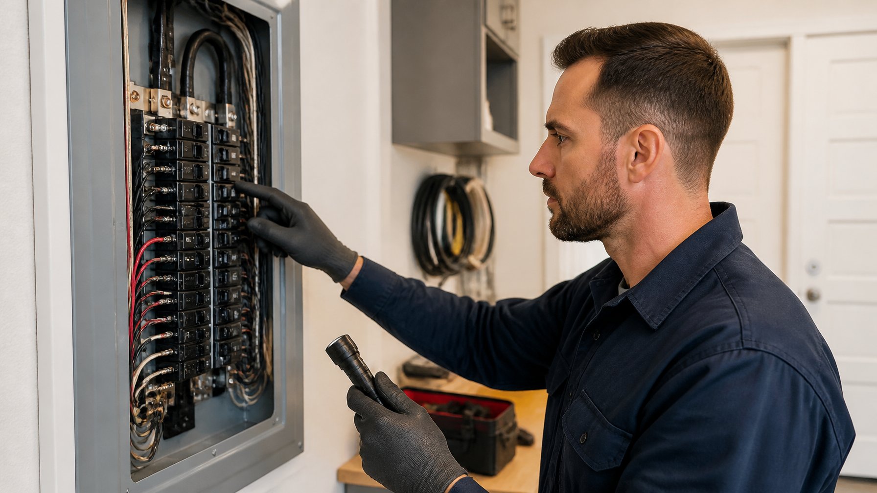 An electrician inspecting an open electrical panel with multiple circuit breakers inside a home utility room.