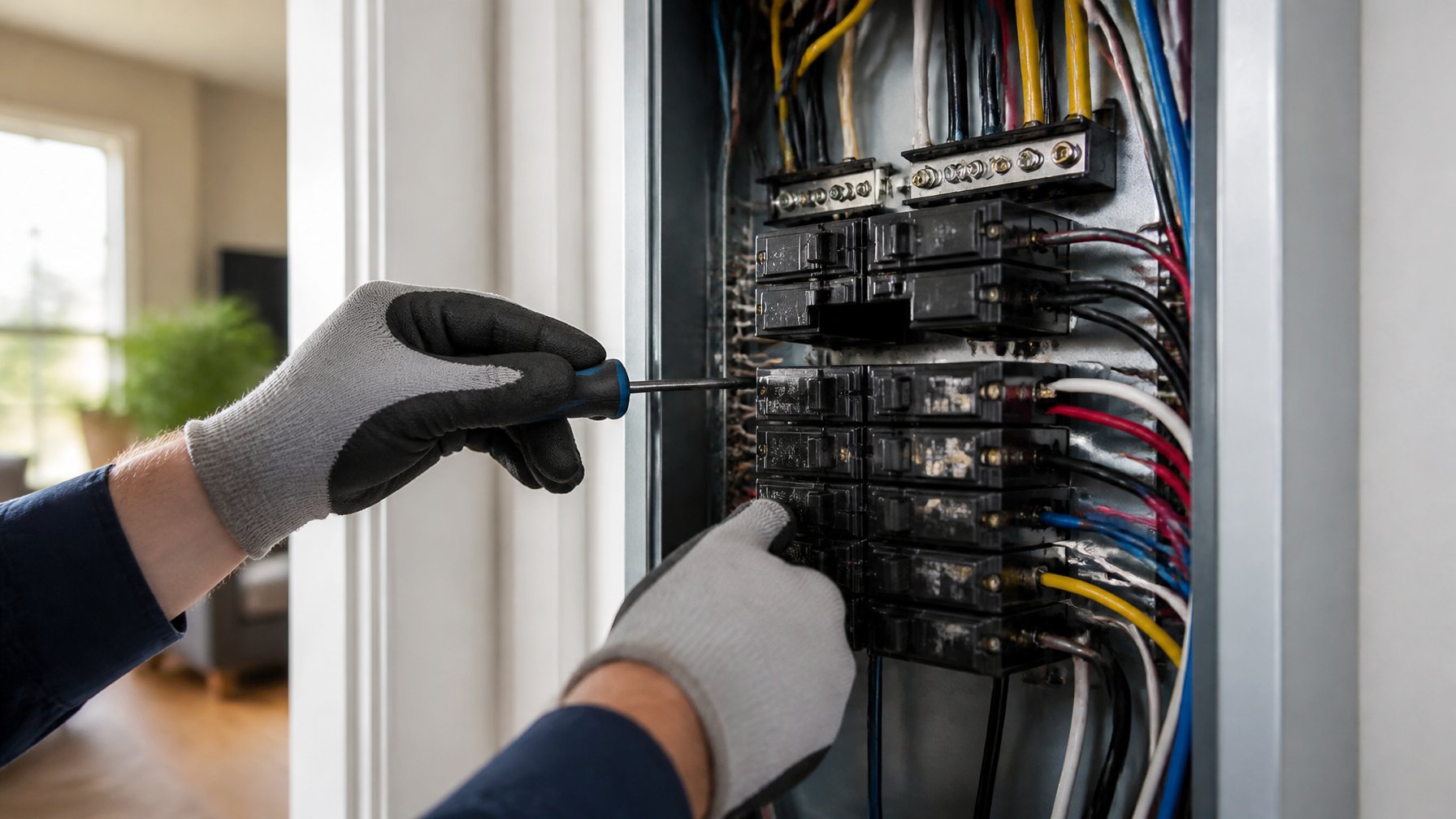 Electrician working on an open electrical subpanel inside a home, inspecting circuit breakers and wiring.