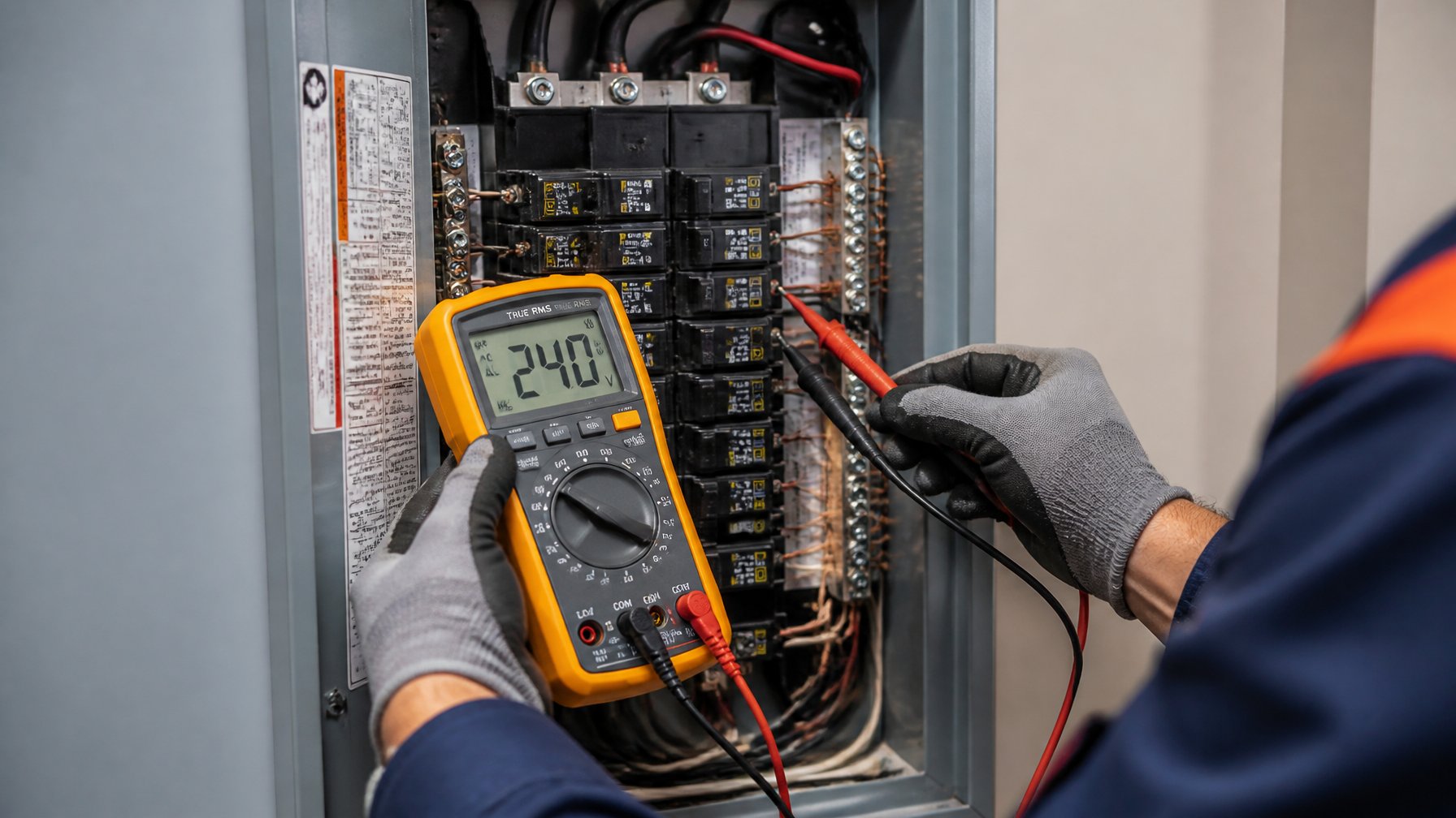 Close-up of an electrician measuring a 240V circuit inside a residential electrical panel with a multimeter.