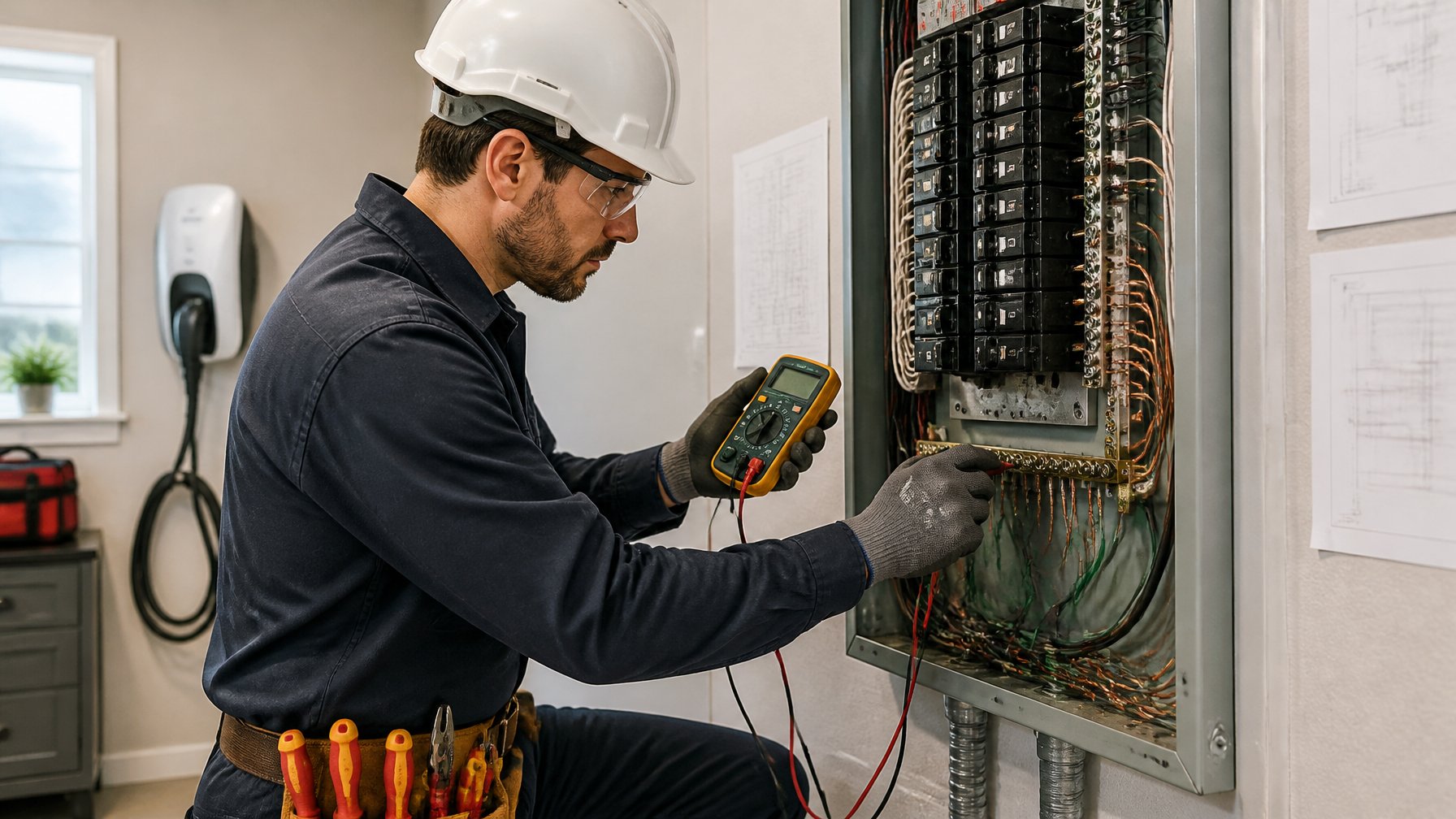 Electrician inspecting the grounding and bonding inside an open residential electrical panel using a multimeter.