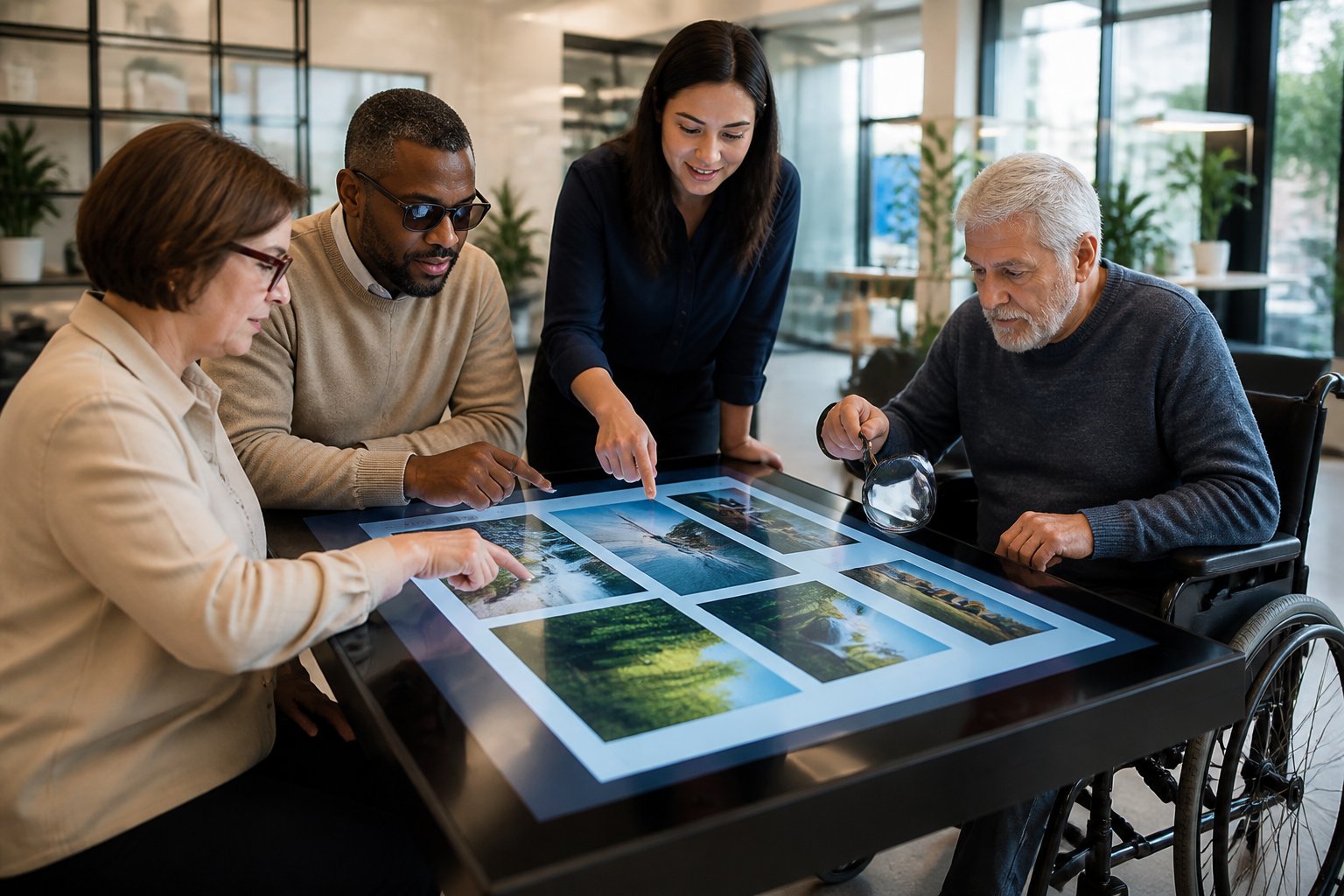 A group of people working together around a large touchscreen table displaying a digital photo album with high-contrast, large-font interface elements.