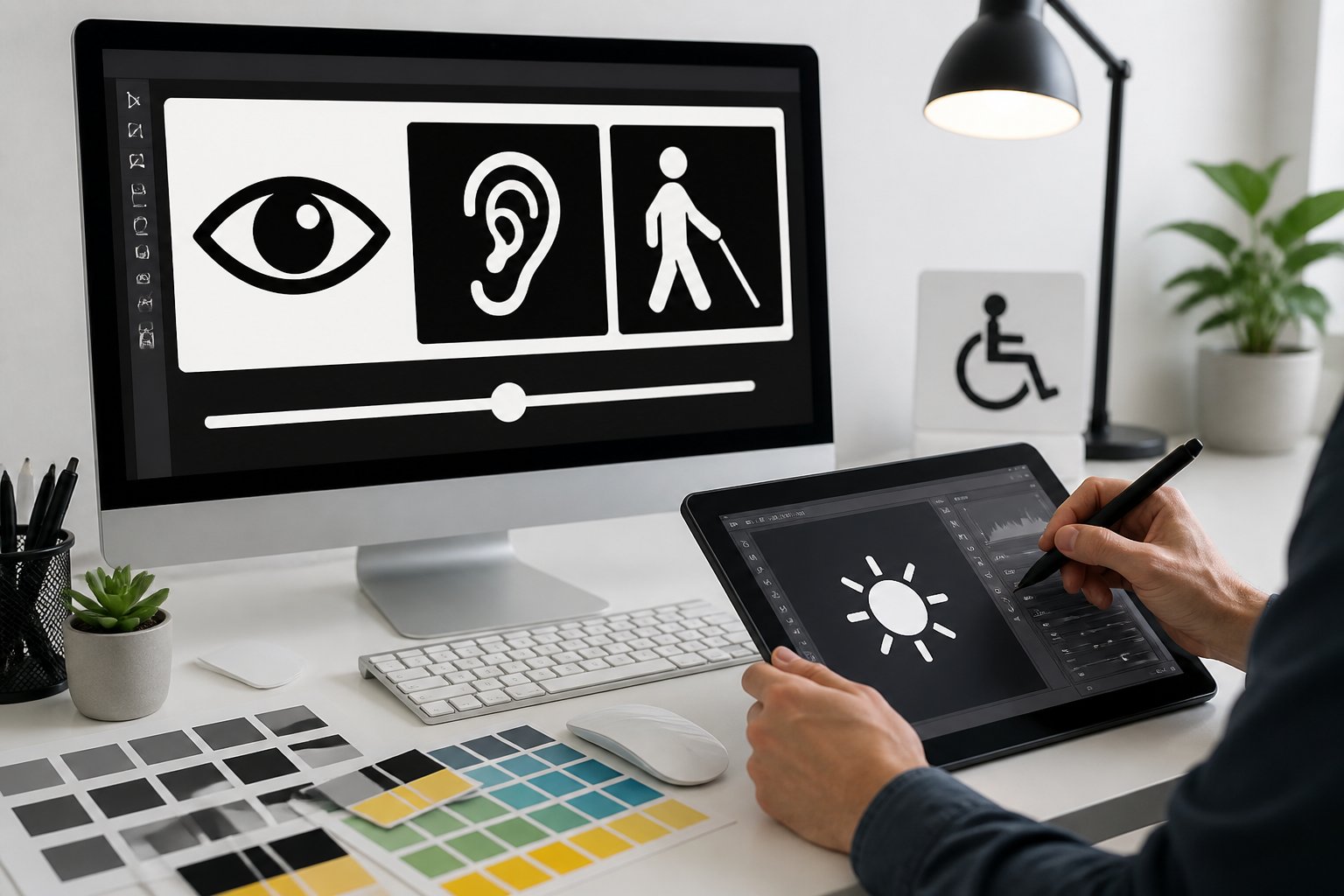 A person working at a desk adjusting high-contrast, large-font images on a computer screen using a tablet.