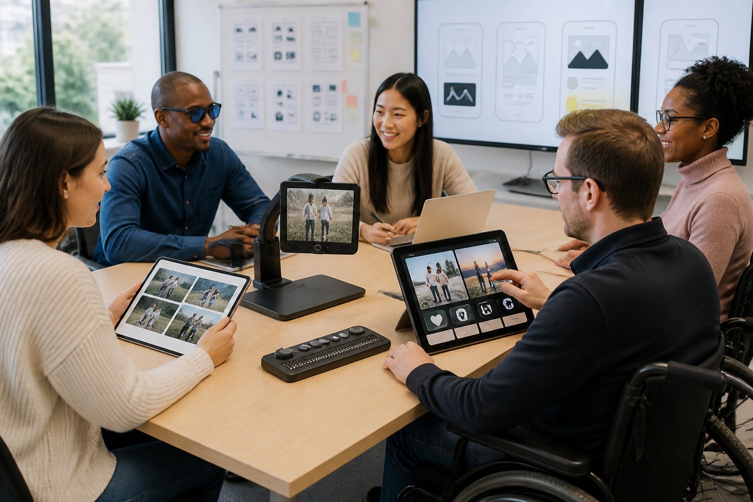 A group of people working together at a desk with laptops and assistive devices, designing accessible photo albums with high-contrast interfaces and large fonts.
