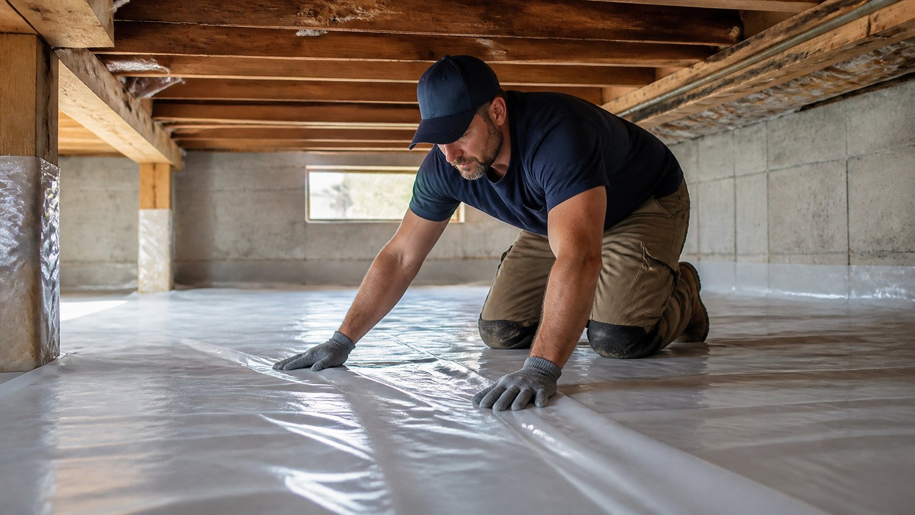 A worker installing a single-layer polyethylene vapor barrier sheet on the ground inside a crawl space surrounded by wooden beams and concrete walls.