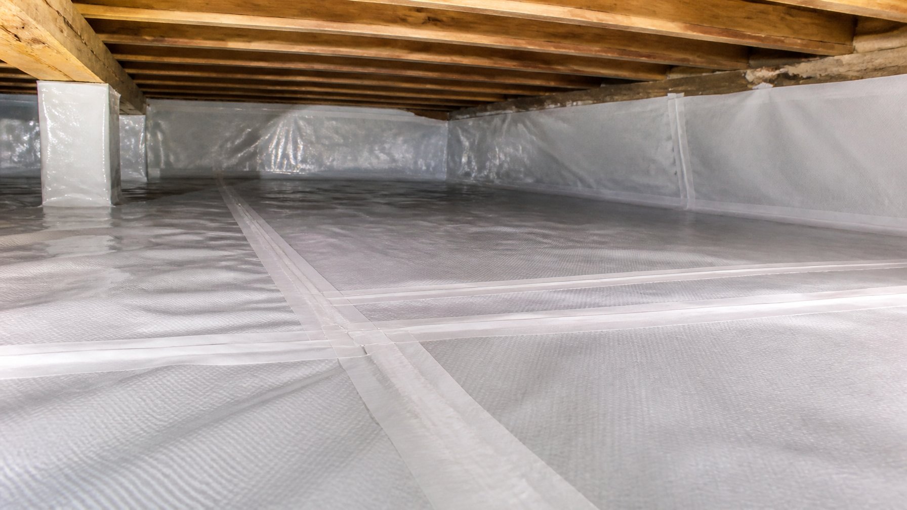 Close-up of a polyethylene vapor barrier with taped seams installed on the ground inside a crawl space under wooden joists.