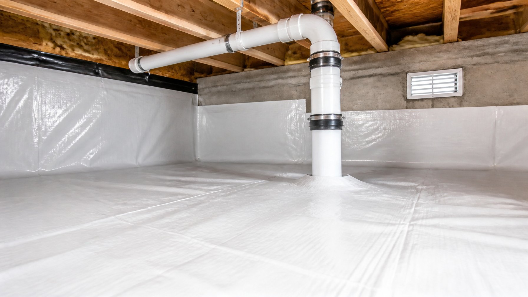 Close-up of a crawl space with a vapor barrier and integrated gas venting system installed over the ground and walls.