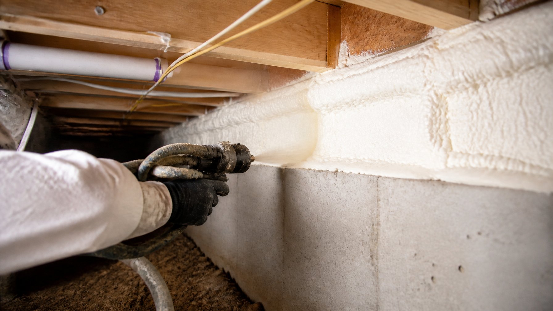 Close-up view of closed-cell spray foam insulation applied to a crawl space rim joist and foundation wall.