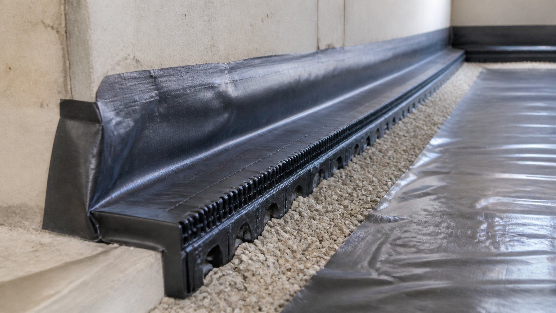 Close-up of a vapor barrier overlapping a perimeter drainage channel inside a crawl space foundation.