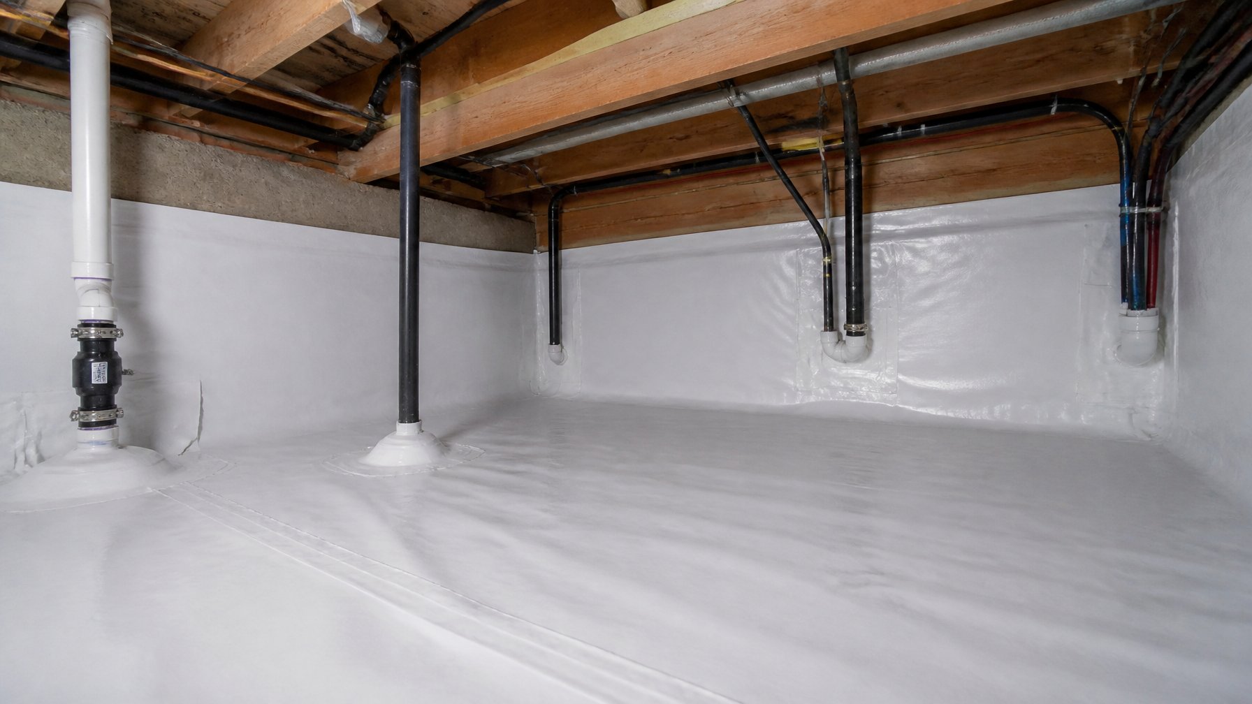 A crawl space with a white vapor barrier sealed around pipes and electrical conduits, showing a moisture-protected foundation with wooden beams.