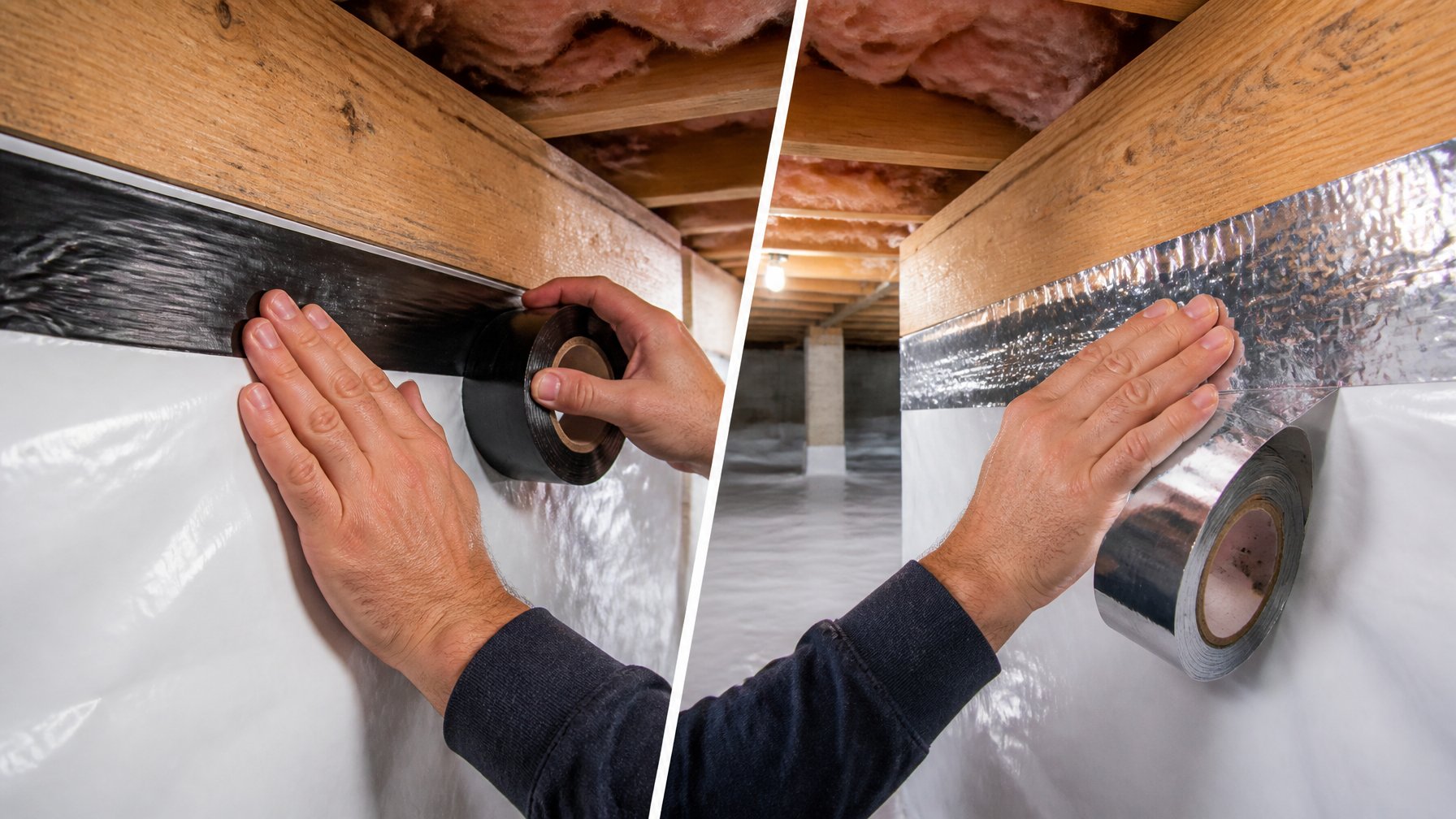 Close-up of hands applying butyl tape and HVAC-grade foil tape to plastic vapor barrier seams in a crawl space.