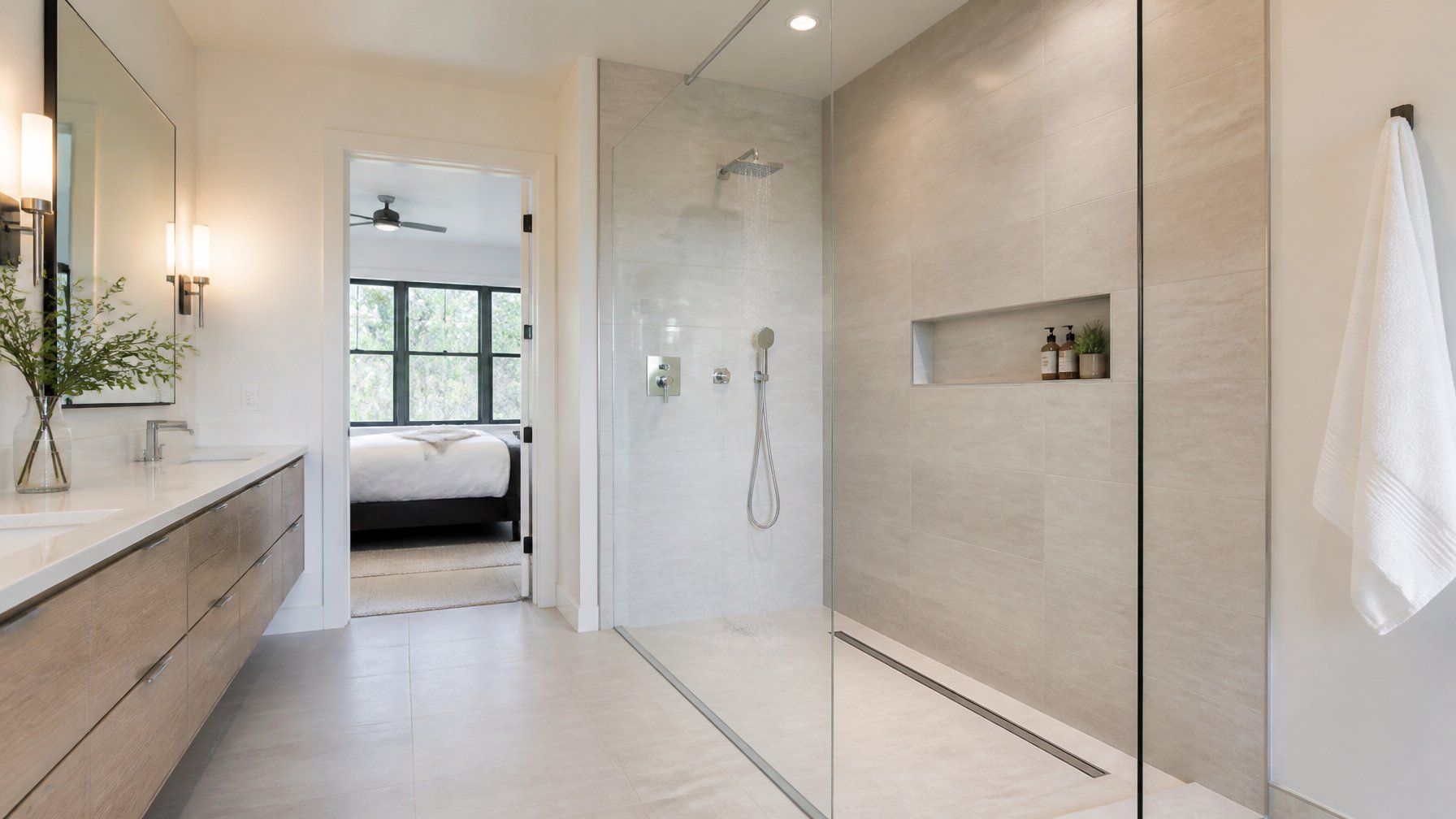 A modern bathroom with a curbless walk-in shower enclosed by a glass panel and a linear drain on the floor.