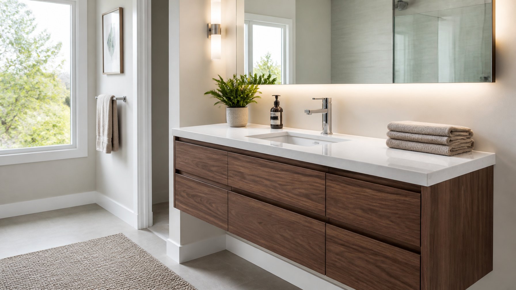 A bathroom with a floating walnut vanity topped with a white quartz countertop, a sink, and a chrome faucet.