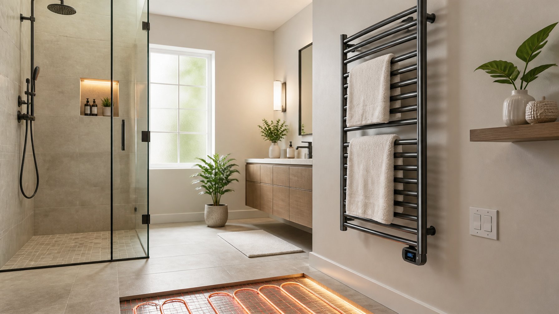 A modern bathroom with a heated towel rack and visible underfloor radiant heating beneath the tiled floor.