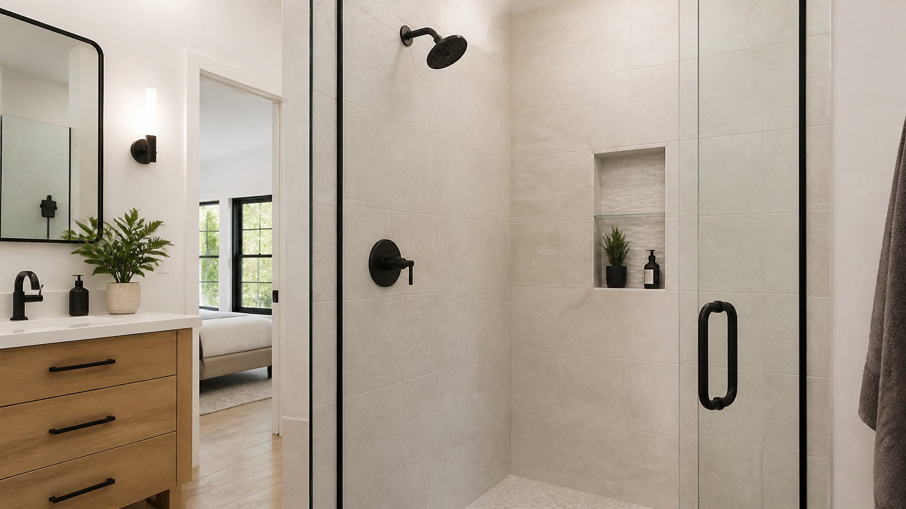 Modern bathroom with matte black shower fixtures and a walk-in shower area.