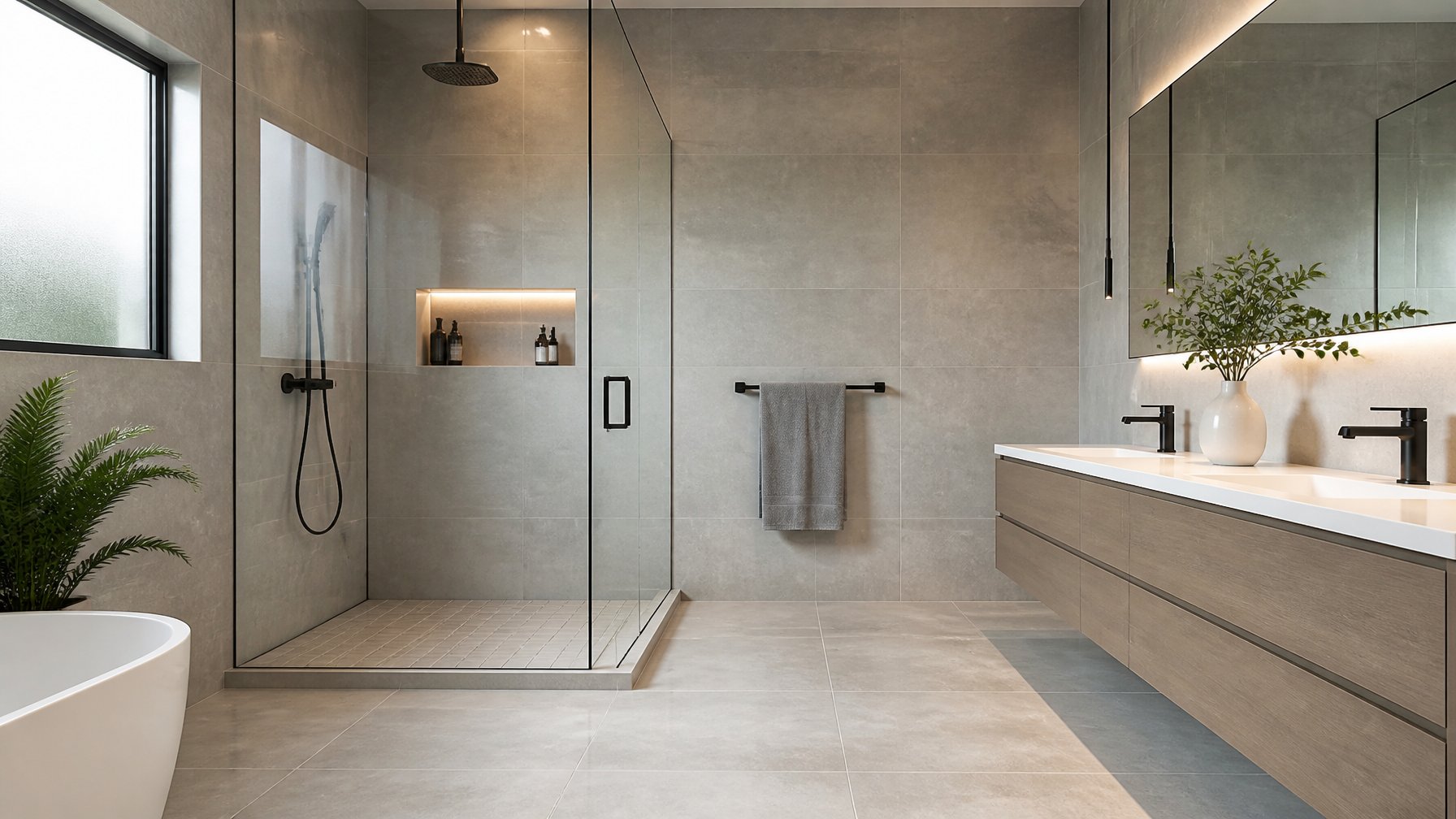 Modern bathroom with large porcelain tiles and minimal grout lines, featuring a walk-in shower and floating vanity.