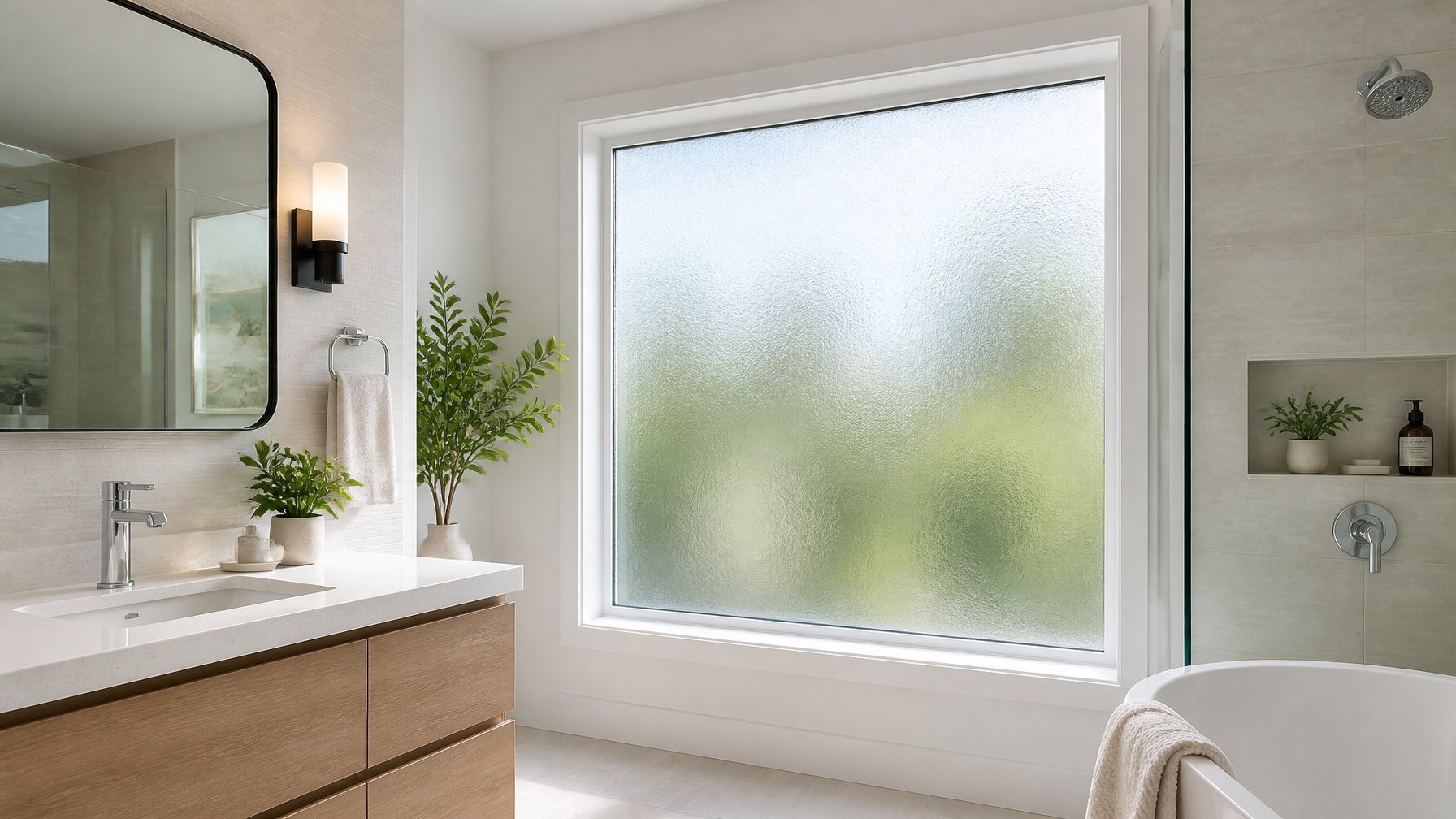 A modern bathroom with a frosted privacy window letting in soft natural light.