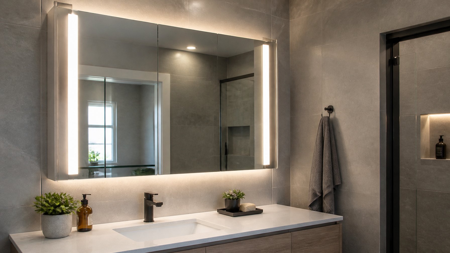 A modern bathroom with a recessed medicine cabinet featuring an LED-lit mirror above a white sink and minimalist fixtures.