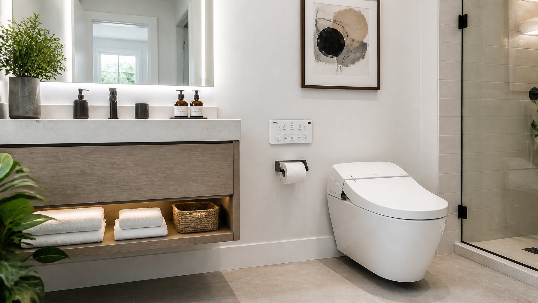 A modern bathroom with a wall-mounted Toto Washlet+ bidet toilet, a vanity with a mirror, and decorative accents.