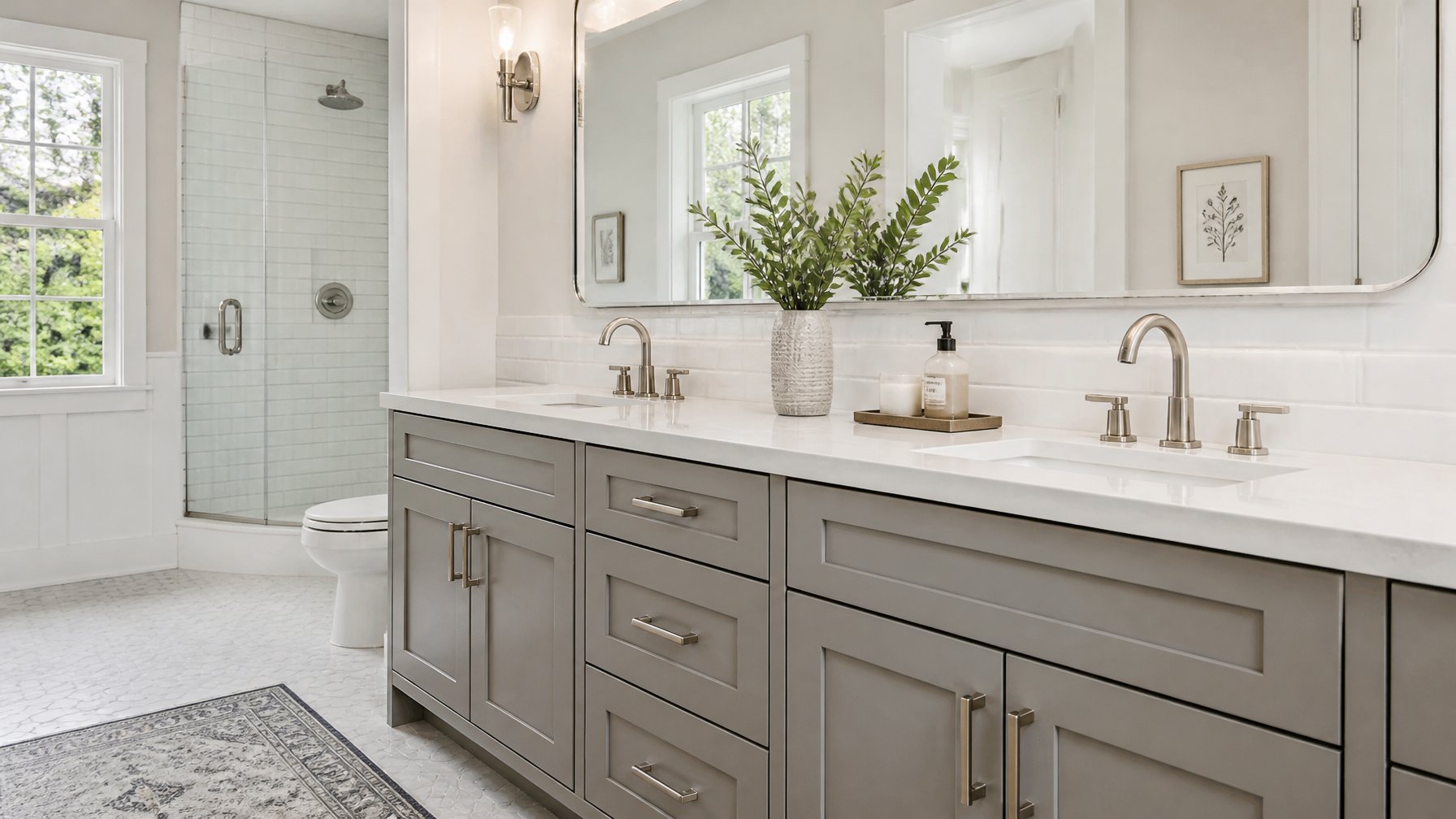 A bright bathroom with gray shaker cabinets, a white countertop, a large mirror, and natural light coming through a window.