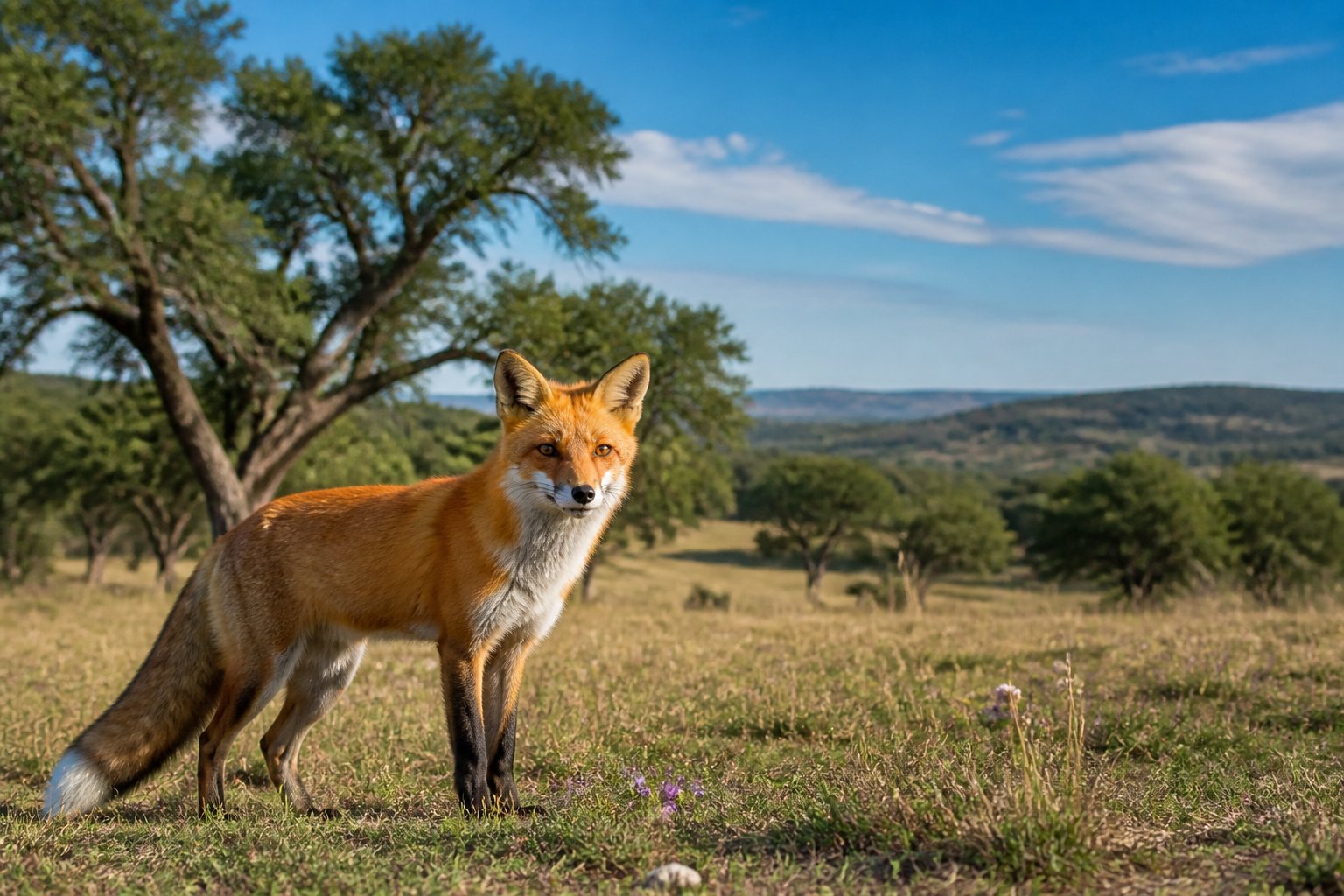 A red fox standing on a grassy field with trees and hills in the background under a clear blue sky.