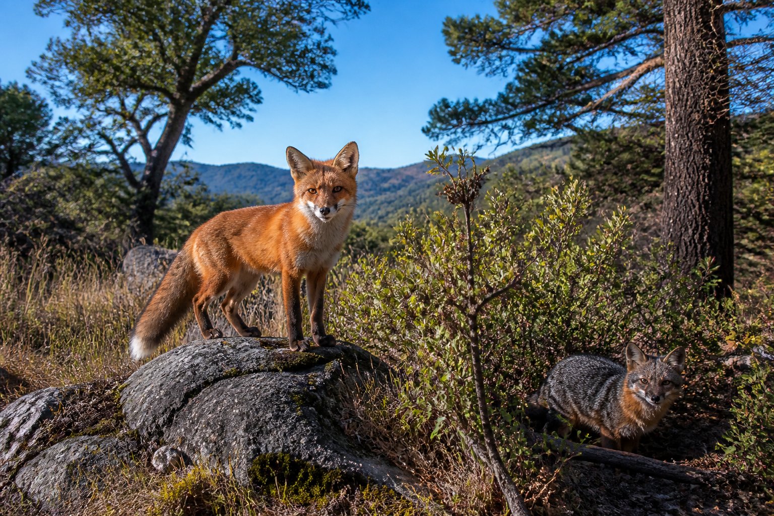A red fox standing on a rock and a gray fox partially hidden in bushes in a sunlit California forest landscape.