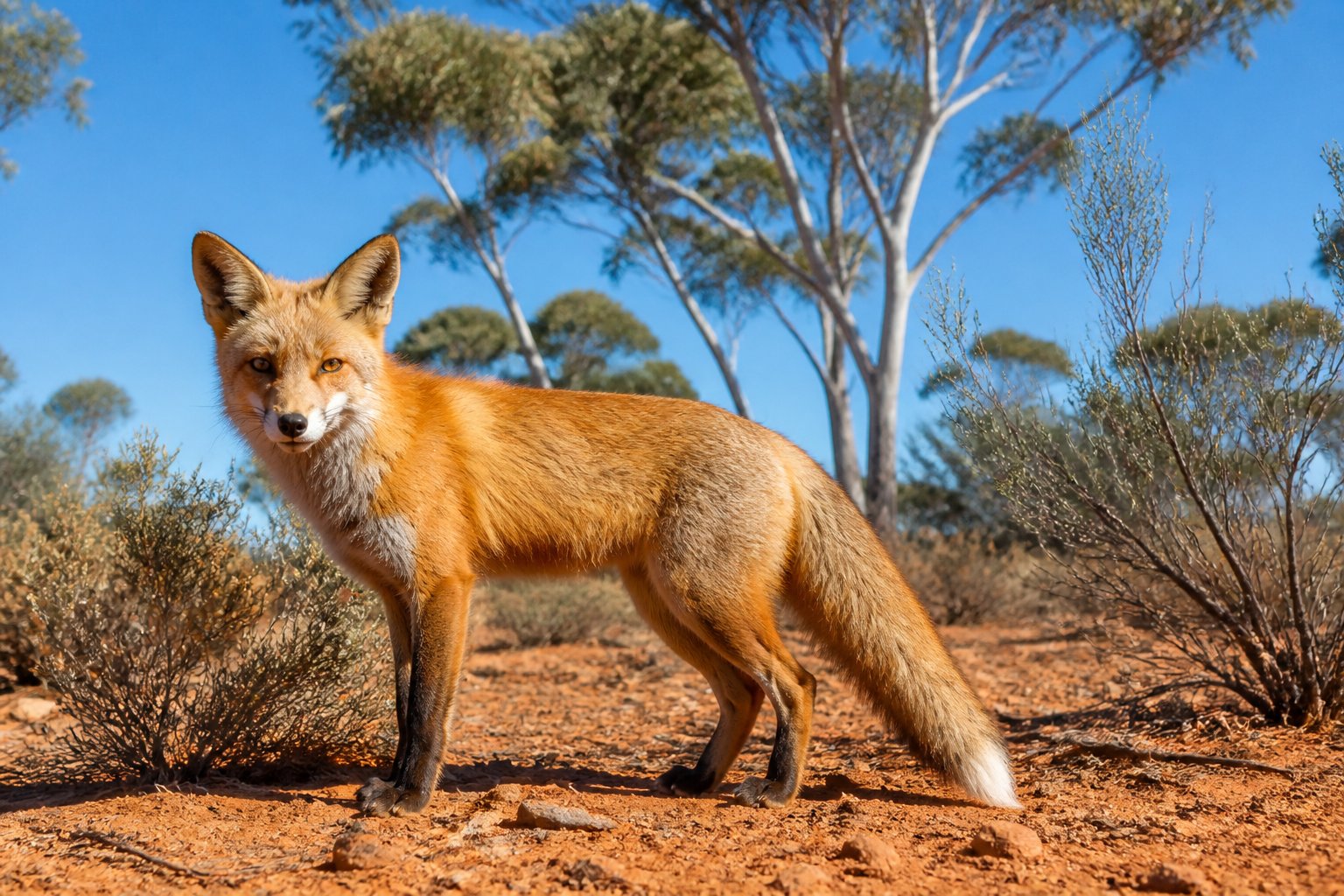 A red fox standing on dry soil among eucalyptus trees in an Australian outback landscape.